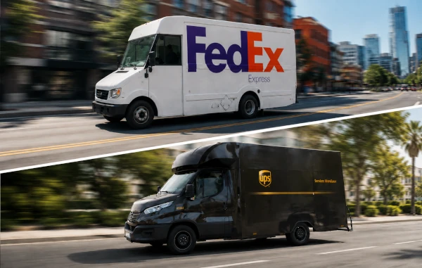 FedEx and UPS delivery trucks for Rug Source shipping